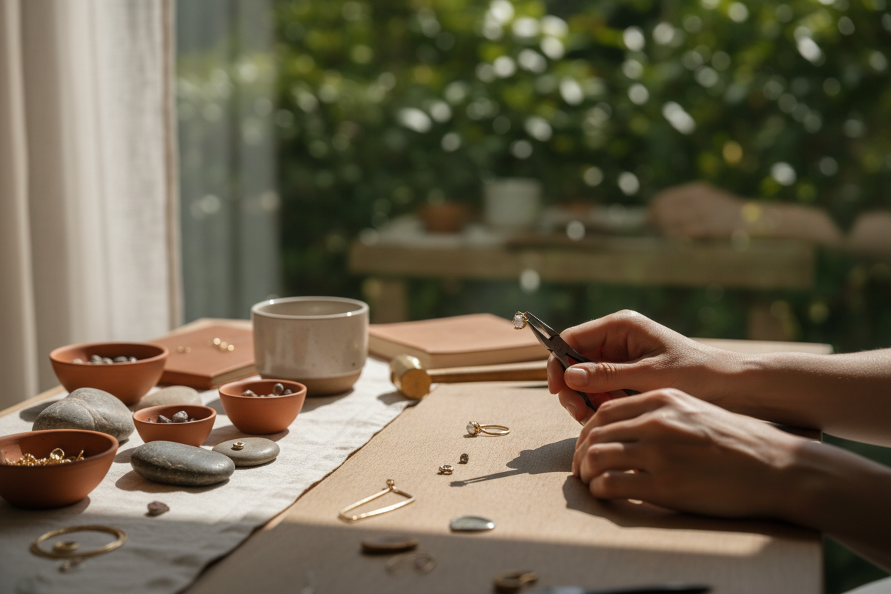Hyper-realistic close-up of a minimalist jewelry workspace, soft natural light filtering through a window, green foliage in the background, warm neutral tones, calm and intimate mood, shallow depth of field, artisanal and human atmosphere