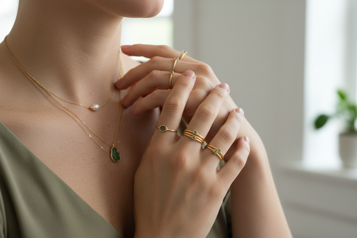 Hyper-realistic lifestyle portrait detail (no face), minimalist jewelry worn naturally, soft green and warm tones, emotional but understated mood, clean background, authentic and relatable luxury