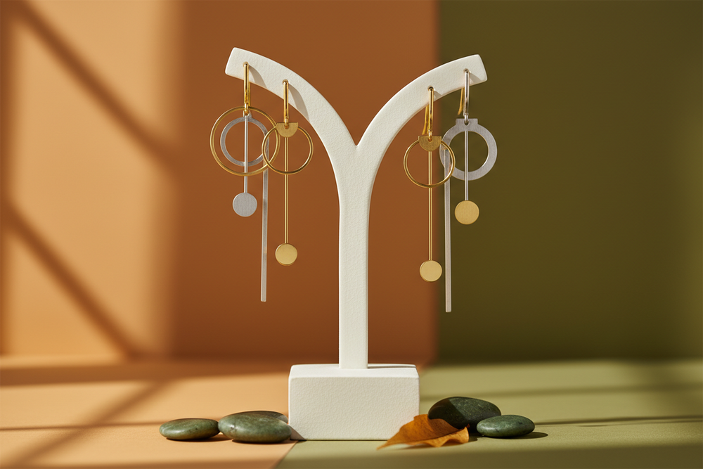 hyper-realistic minimalist earrings on an earring rack in gold and white gold, green and warm tones