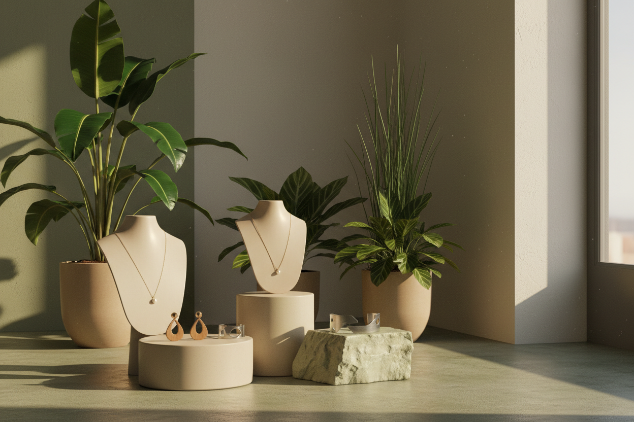 Hyper-realistic serene studio scene with minimalist jewelry displayed near plants, warm sunlight, green and beige palette, calm and confident mood, modern yet grounded, sense of quiet longevity